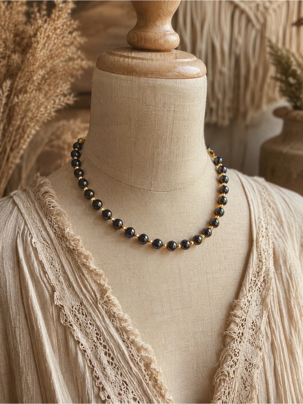 Black Beaded Necklace with Gold Accents - Women's Jewelry